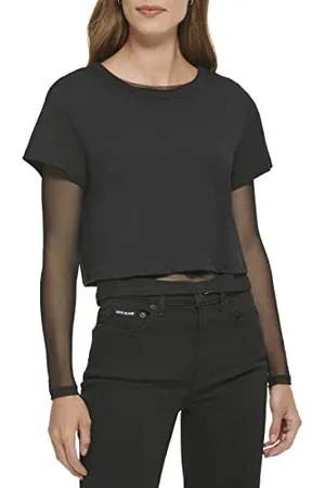 DKNY Maglietta Corte con Top a Maniche Lunghe in Rete T-Shirt, , S Donna