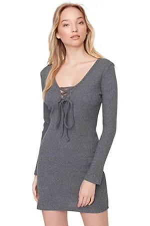 Trendyol Woman Mini Bodycon V-Neck Woven Dress Vestito, Anthracite, M Donna