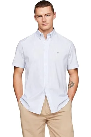 Tommy Hilfiger Camicia Uomo Flex Poplin Maniche Corte, Multicolore (Cloudy Blue / Optic White), S