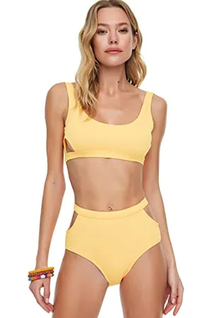 Trendyol Dettagli Bikini a Vita Alta strutturati con Scollo a V Bottoms, Colore: Arancione, 48 Donna
