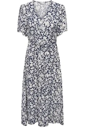 ONLY Abito Midi Casual da Donna, Basic, Maniche Corte, Vestito Estivo, Scollo a V, Lacci, Colore:Blu Scuro, Taglia:L