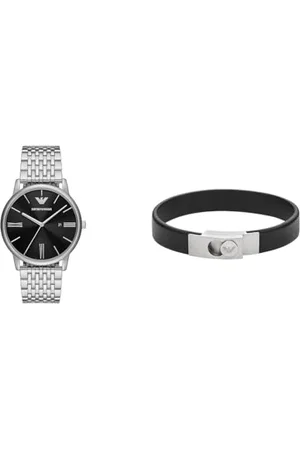 Emporio Armani Orologio Uomo in Acciaio Inossidabile Argento e Bracciale in Pelle Nera, Set