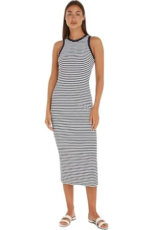 Tommy Hilfiger Abito Donna Maxi Dress Maniche Corte, Multicolore (Mini Stp Desert Sky/ White), S