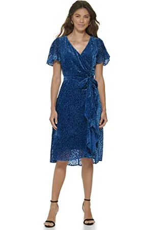 DKNY Velvet Burnout V-Neck Short Flutter Sleeve Faux Wrap High-Low Midi Dress Vestiti, , 6 da Donna