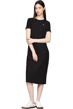 Tommy Hilfiger Donna Abito Attillato Midi a Costine, (Black), XS