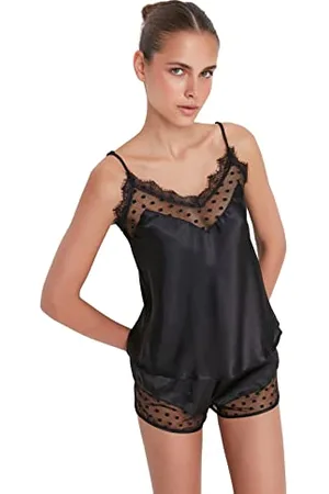 Trendyol Women Plain Lacework/Mesh/Net Detailed Thin Woven Camisole-Shorts Pajama Set Pigiama, Black, 36 Donna