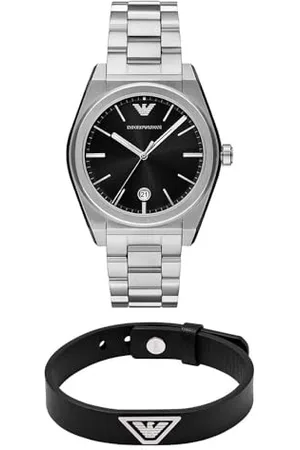 Emporio Armani Orologio da Uomo in Acciaio Inossidabile Argento e Bracciale in Pelle, Set