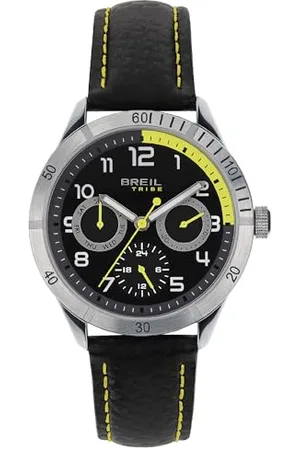 Breil Collezione Mate, Orologio da Uomo, Orologio Sportivo Multifunzione, con Rehault e Sfere dei Contatori Giallo Lime, Quadrante Nero, Cinturino in Pelle Nero, Chiusura Déployante, Diametro 37 mm