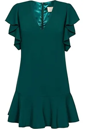 Swing Megan | | M Cocktail da Donna Festivo | Vestito da Festa | Prendisole Sera Volant Casual | Mini Abito Elegante | Scollo a V | Manica Corta | Verde Scuro | 38, M