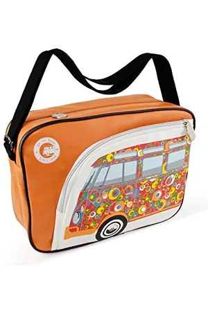 Brisa VW Collection - Volkswagen elegante borsa a tracolla regolabile, unisex, retrò/vintage, Camper T1 Bus design (Cerchi/Arancione/similpelle)