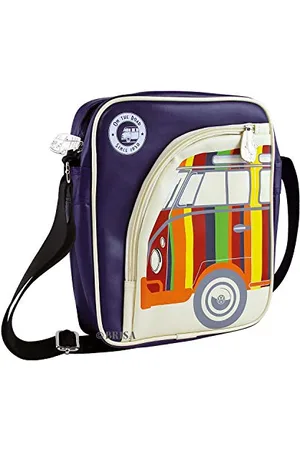 Brisa VW Collection Volkswagen Borsa da viaggio retrò/vintage alla moda, borsa a tracolla per tablet con motivo Campervan T1 Bus (Viola/Righe Colorate/Ecopelle)
