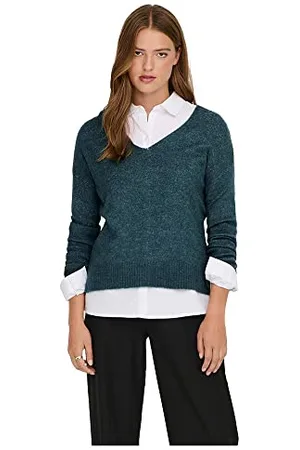 JDY ELANORA L/S V-Neck PULLO. Knt Noos Maglione Lavorato a Maglia, Atlantic Deep/Detail:Melange, S Donna
