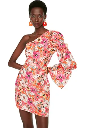 Trendyol Abito Popline Floreale Dress, Colore: Arancione, 46 Donna
