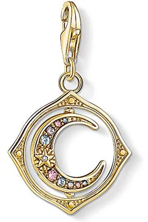 Thomas Sabo Ciondolo in Argento Sterling Placcato Oro con Zirconi e Pietra di Vetro e Spinello Sintetico, Luna, Oro