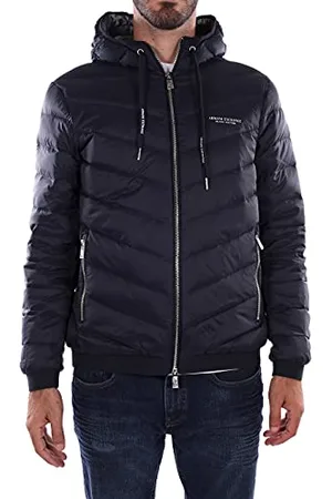Armani Exchange Giacca Trapuntata con Cappuccio e Zip, Logo Milano/New York, Navy/Grigio mélange, XS Uomo