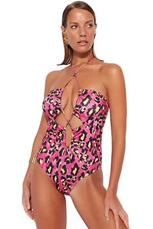 Trendyol Costume da Bagno in Maglia con Stampa Animale, Rosa-Multicolore, 0 Donna