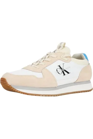 Calvin Klein Sneakers da Runner Uomo Sock Laceup Nylon-Pelle Scarpe Sportive, Beige (B White/Creamy White/Malibu Blu), 40