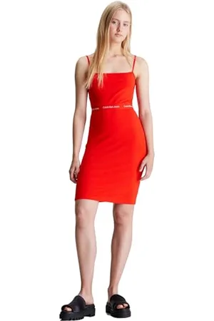 Calvin Klein Jeans Abito Donna Logo Elastic Strappy Spalline strette, (Fiery Red), M