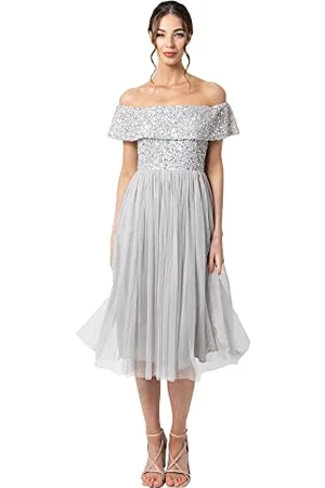 Maya Deluxe Abito da Donna Bardot, Midi a Vita Alta Impero con Paillettes, Impreziosito da Serate Formali per Ospiti di Nozze Vestito per Damigella d’Onore, Grigio Chiaro, 46