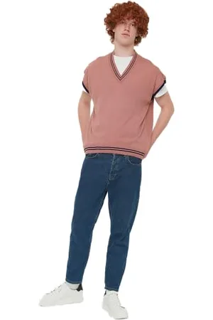 Trendyol Gilet in Maglia con Scollo a V, Tinta Unita, Regolare Felpa, Dried Rose, S Uomo