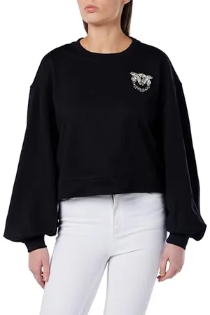 Pinko Ceresole Maglia Felpa Logo Birds Ricamo + Borchie, Maglietta a Maniche Lunghe Senza Collo Donna, , XS