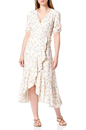 FIND Vestito Midi a Portafoglio di Lino Donna, (giallo floreale), 40, Label: XS