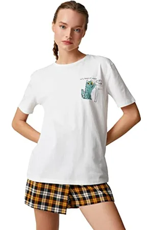 Koton Maglietta a Maniche Corte con Scollo Rotondo, in Cotone Stampato T-Shirt, (010), L Donna