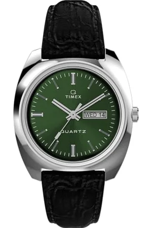 Timex Orologio da uomo Q da 37,5 mm, cinturino a sgancio rapido in due pezzi in pelle nera, quadrante verde, cassa in acciaio inox TW2W44700