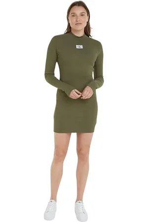 Calvin Klein Jeans Woven Label Rib LS Dress J20J222918 Vestiti Aderenti e Svasati, (Dusty Olive), XS Donna