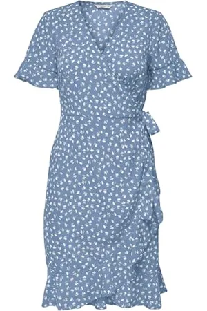 ONLY Onlolivia S/S Wrap Dress Wvn Noos Vestito, Blu ( /W/Fiona Ditsy), 40 EU Donna