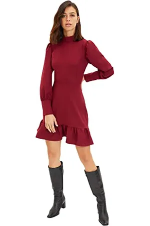 Trendyol Burgundy Steep Collar-Vestito Volume Casual, , 42 Donna