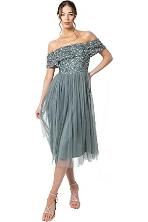 Maya Deluxe Abiti da Donna Bardot per Le Donne Midi High Empire Vita Paillettes Impreziosito Serata Formale per Gli Ospiti di Nozze Vestito per Damigella d’Onore, Verde Nebbia, 48