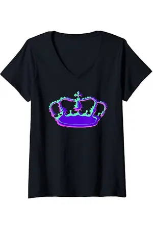 Emporio Armani Donna Vaporwave Estetica Corona Viola Verde Disegno Astratto Maglietta con Collo a V