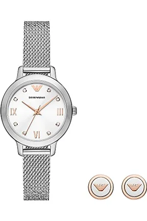 Emporio Armani Orologio da donna, movimento a tre lancette, cassa in acciaio inossidabile riciclato (almeno 50%) da 32 mm con cinturino in maglia di acciaio inossidabile, AR80065SET