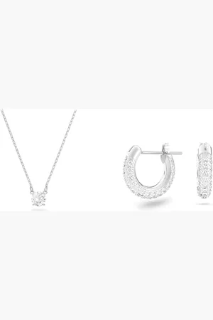 Swarovski Orecchini a cerchio Stone, Pavé, Piccoli, Bianchi, Placcato rodio & Collana Attract, Taglio tondo, Bianca, Placcato rodio