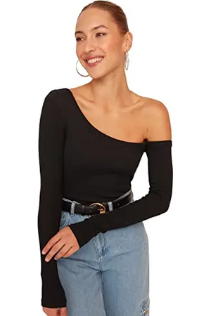 Trendyol Donna Camicetta in Maglia con Colletto Asimmetrico Basic Slim Fit