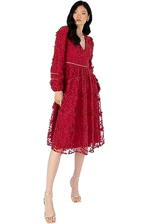 Maya Deluxe Womens Midi Dress Ladies Floral Embroidered Lace Long Sleeve V-Neck for Wedding Guest Bridesmaid Prom Occasion Ball Gown Vestiti, , 52 da Donna
