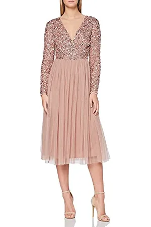 Maya Deluxe Abito Longuette da Donna, a Maniche Lunghe, Scollo a V, con Paillettes impreziosite da Laurea Vestito per Damigella d?Onore, Malva Chiara, 36 EU