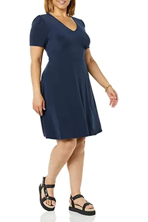 Amazon Abito Aderente Svasato con Scollo A v A Maniche Corte Donna, , S