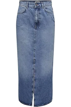 ONLY Gonna Lunga in Denim Stone Wash con Spacco, Gonna a Vita Media con Tasche Frontali., Colore:Blu, Taglia:S