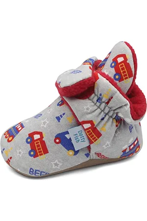 Dotty Fish Stivaletti Neonato - Scarpe Invernali Comode e Calde in Cotone - Suola in Suede Antiscivolo - Foderati in Pile - Grigio con treni e auto - 0-6 Mesi.