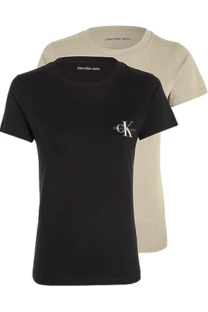 Calvin Klein Jeans T-shirt Donna Maniche Corte Confezione da 2 Monologo Slim Scollo Rotondo, Multicolore (Plaza Taupe / Ck Black), XXS