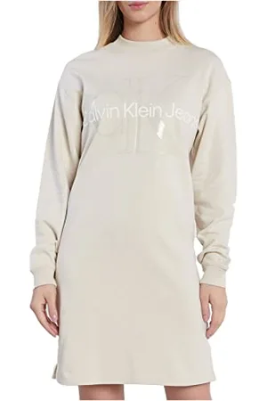 Calvin Klein Jeans Glossy Monogram Crew Neck Dress J20J219075 Vestiti con Cappuccio, (Eggshell), M Donna