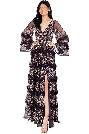 Maya Deluxe Ladies Womens Maxi Dress V Neckline Sequin with Ruffle Empire Waist Slit Split for Prom Ball Bridesmaid Wedding Guest Vestiti, , 50 da Donna