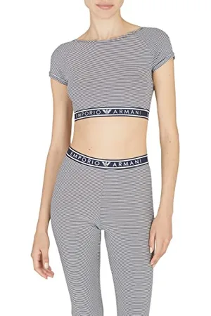 Emporio Armani Crop Top in Cotone Stampato, Marine/Yogurt STR, XL Donna
