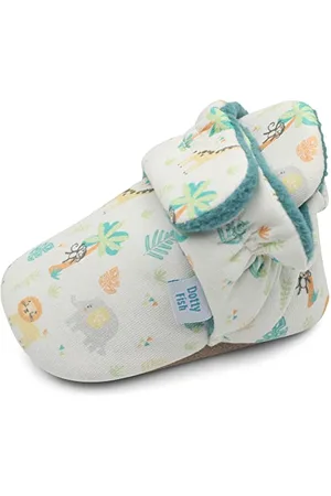 Dotty Fish Stivaletti Neonato - Scarpe Invernali Comode e Calde in Cotone - Suola in Suede Antiscivolo - Foderati in Pile - Verde con animali safari - 0-6 Mesi.