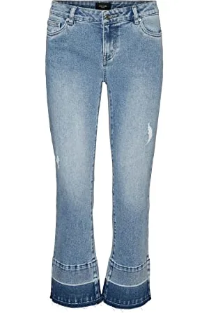 VERO MODA Jeans Flared, lunghezza alla caviglia, vita media , lavaggio chiaro con orlo taglio vivo e banda scura. Blu M/32 Blu denim