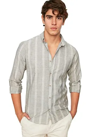 Trendyol Herren Slim Fit Button Kragen Dünnes Gestreiftes Hemd Maglietta, , L Uomo