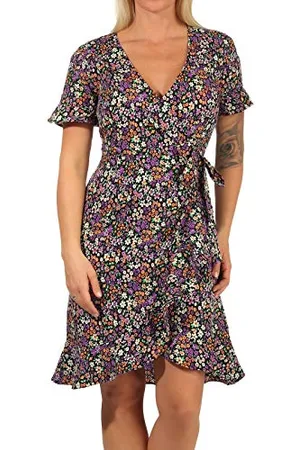 ONLY Onlolivia S/S Wrap Dress Wvn Noos Vestito, (Black/AOP/Shore Flower), 38 EU Donna