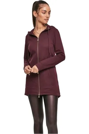Urban classics Felpa Lunga con Cappuccio da Donna, Cardigan Lungo con Zip a Coulisse, Felpa da Donna a Maniche Lunghe con Tasche, Maglione con Cappuccio, Colore redwine, taglia 3XL